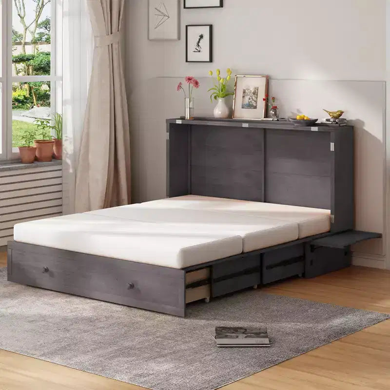 Mjkone Murphy Bed Queen, Αναδιπλούμενο κρεβάτι-ντουλάπι Cube με σταθμό φόρτισης & αποθηκευτικό χώρο