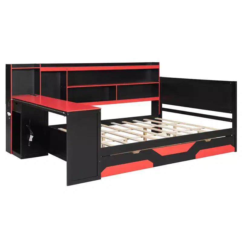 Gamer Hub Daybed με Γραφείο, Φώτα RGB, Σταθμό Φόρτισης, Συρτάρια Αποθήκευσης & Κεφαλάρι-Βιβλιοθήκη