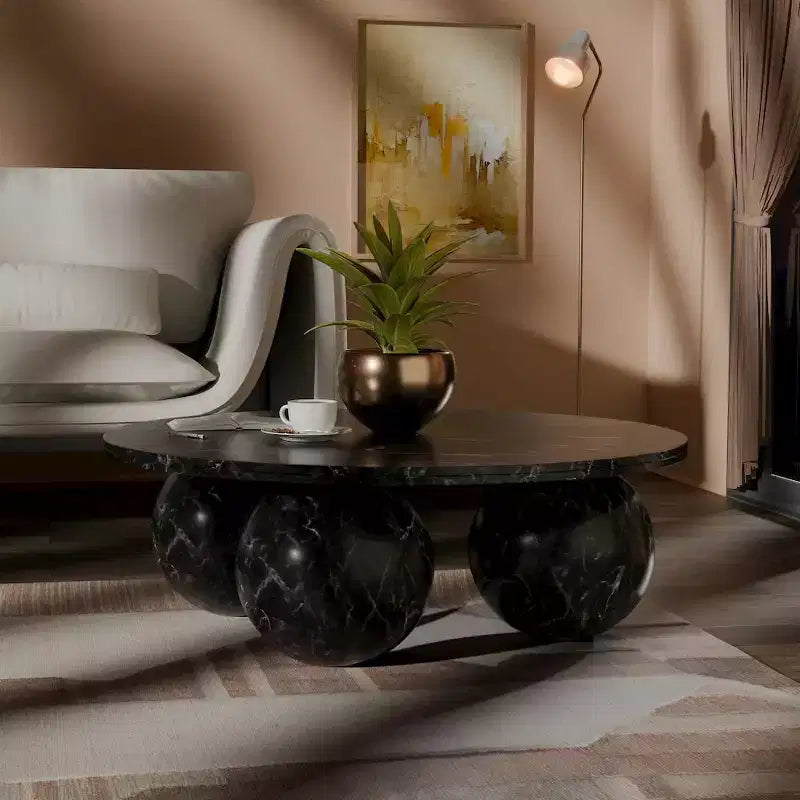 Round Marble Coffee Table with Sphere Legs, Multicolor, Seats 4â€?