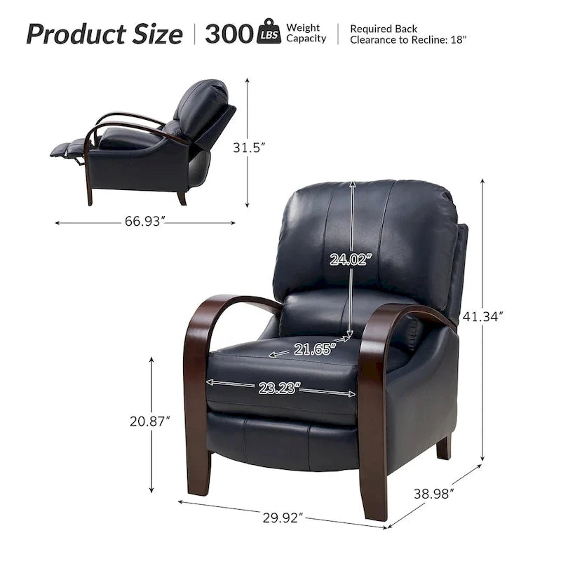 Alex Mid-century Modern Cigar Genuine Leather Manual Recliner with Wooden Curved Arms