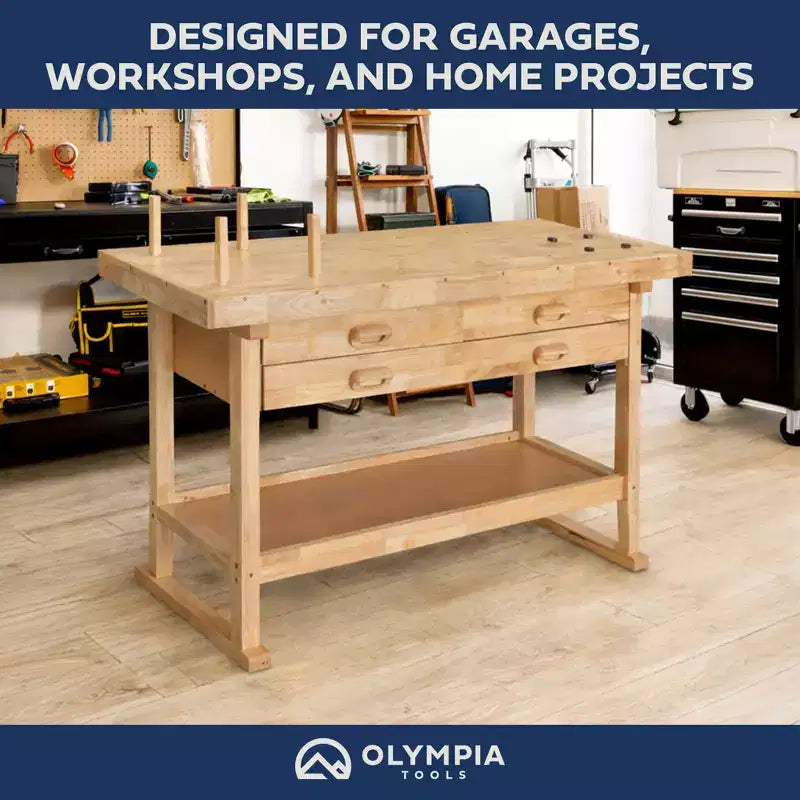 Πάγκος εργασίας Olympia Tools 60 από σκληρό ξύλο καουτσουκόδεντρου, 4 συρτάρια, χωρητικότητα βάρους 450 λίβρες