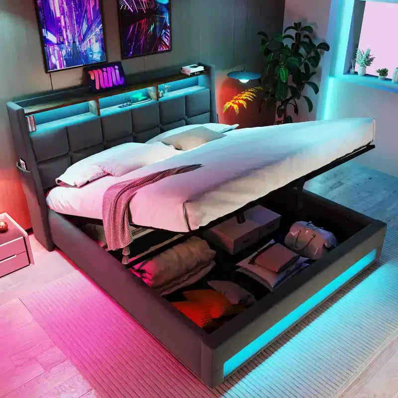Κρεβάτι Queen Size με υδραυλικό αποθηκευτικό χώρο, LED, USB, επενδυμένο κεφαλάρι, χωρίς ανάγκη για σομιέ, εύκολη συναρμολόγηση