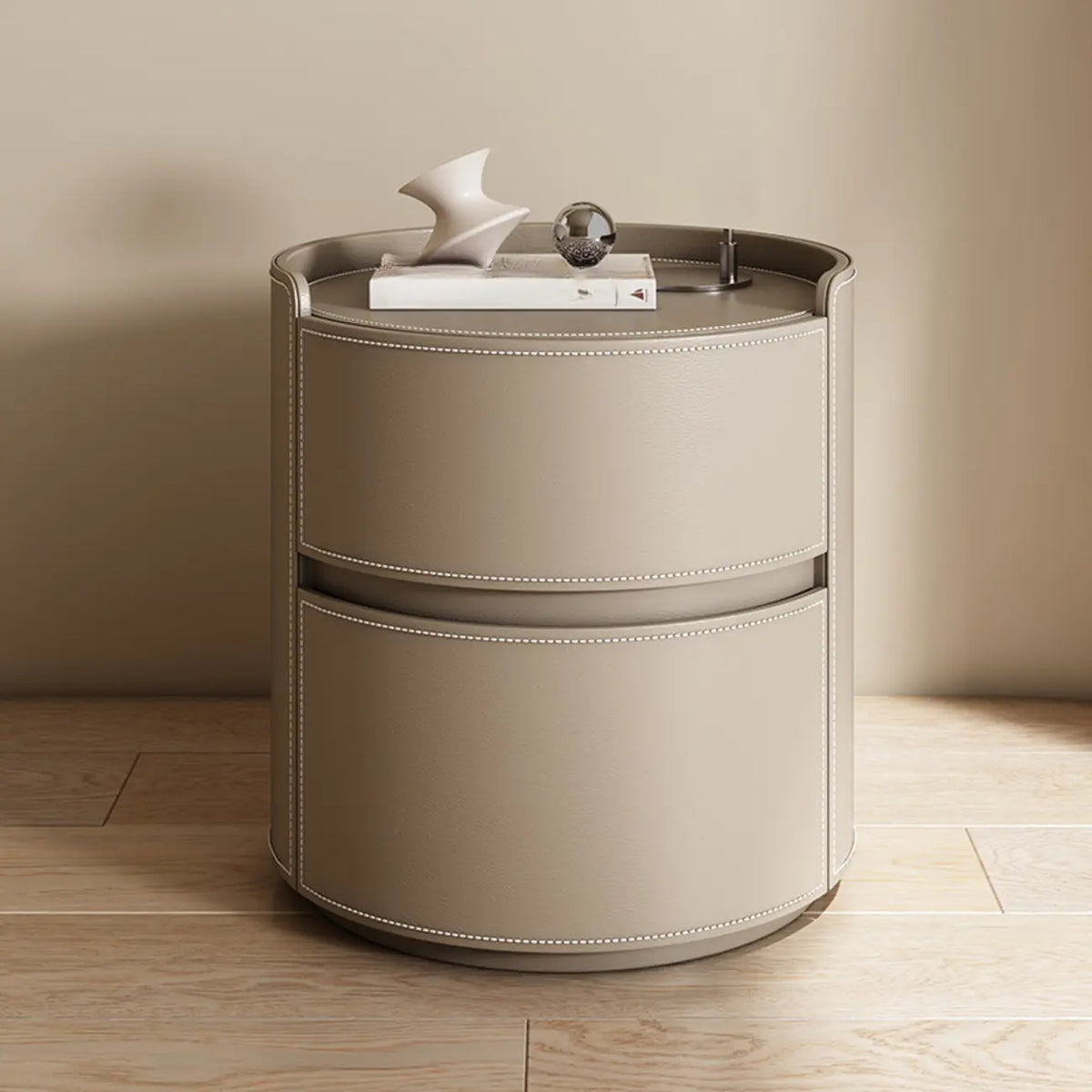 Modern Leather Tray Round 2-Drawer Nightstand
