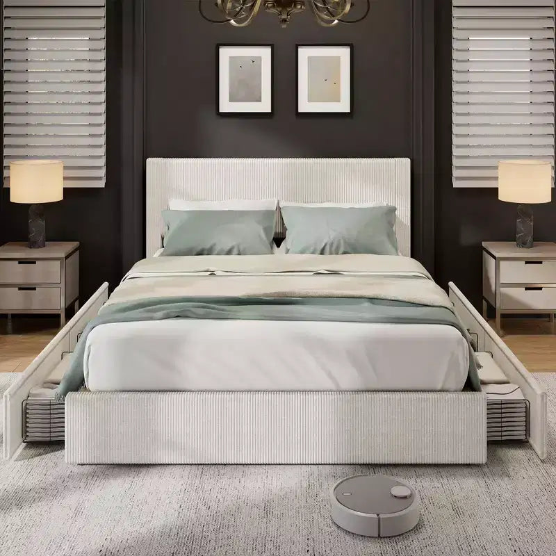 Κρεβάτι CuisinSmart με επένδυση κοτλέ και κεφαλάρι, πλατφόρμα με 4 συρτάρια αποθήκευσης και ξύλινα δοκάρια στήριξης