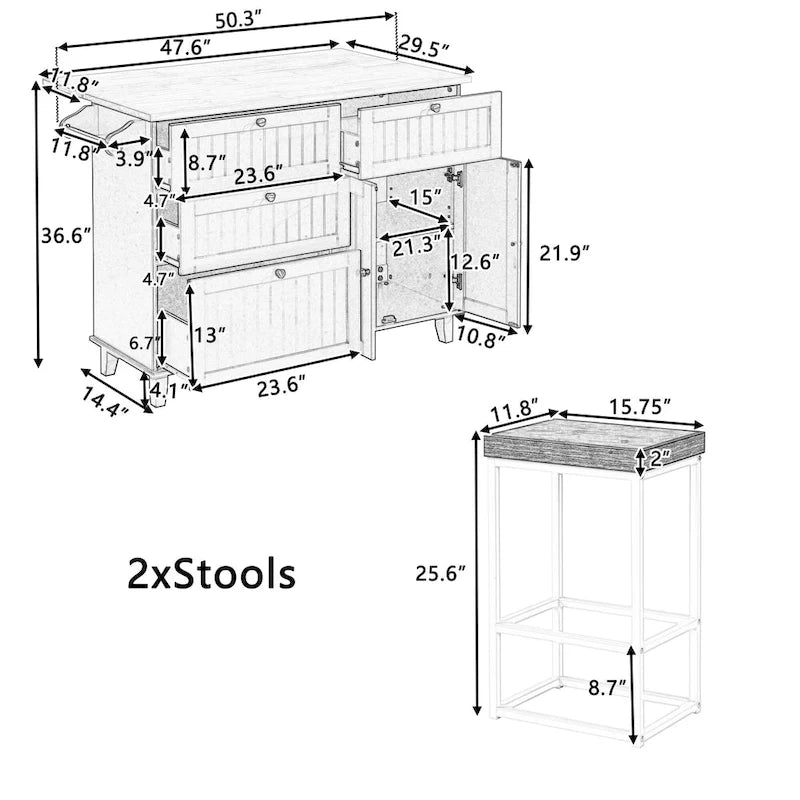 Σετ νησίδας κουζίνας TOPMAX με πτυσσόμενη επιφάνεια και 2 καθίσματα, σετ τραπεζαρίας με ρυθμιζόμενο ράφι, συρτάρια και βάση για πετσέτες
