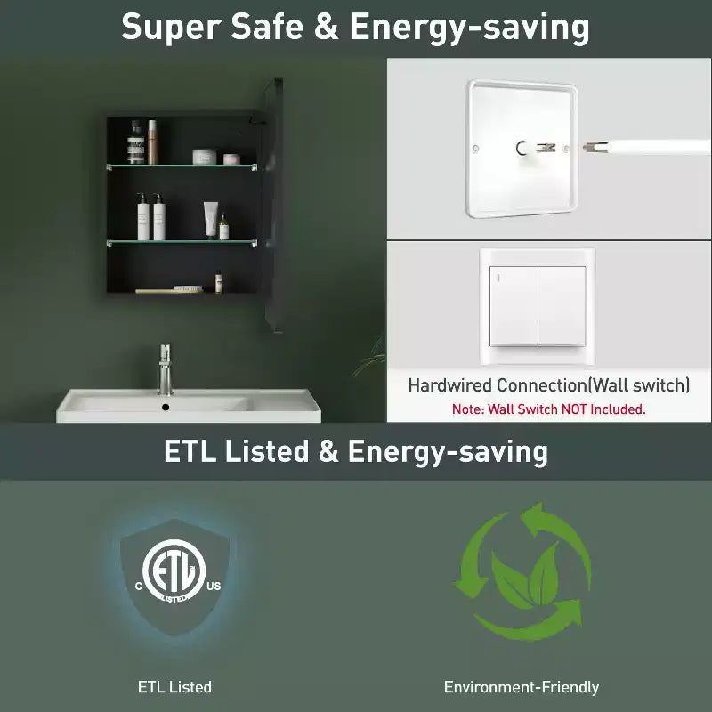 Ντουλάπι μπάνιου με καθρέφτη και φωτισμό LED, Μαύρο / Λευκό / Χρυσό, Μονή πόρτα, Δεξιά ή αριστερή φορά ανοίγματος, Χωνευτό ή επιτοίχιο