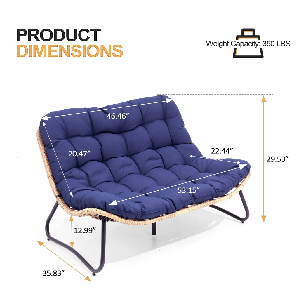 Διπλή πολυθρόνα Papasan Loveseat με μαξιλάρι, από ρατάν PE παντός καιρού και μεταλλικό σκελετό για εσωτερικούς και εξωτερικούς χώρους