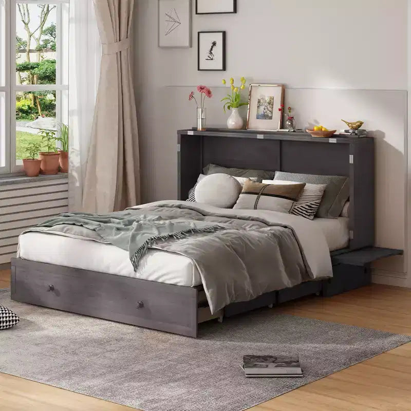 Mjkone Murphy Bed Queen, Αναδιπλούμενο κρεβάτι-ντουλάπι Cube με σταθμό φόρτισης & αποθηκευτικό χώρο