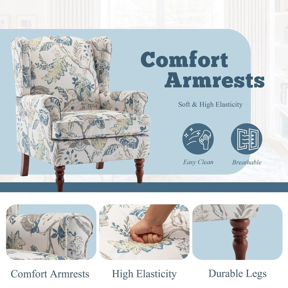 Erommy Modern Accent Chair, High Back Armchair, Upholstered Fabric Button Single Sofa with Wooden Legs for Living Room
