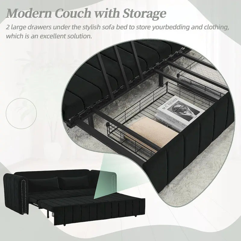 Velvet Upholstered Modern Convertible Sleeper Lounge Sofa Bed with Rolled Arms Decorated with Copper Nails