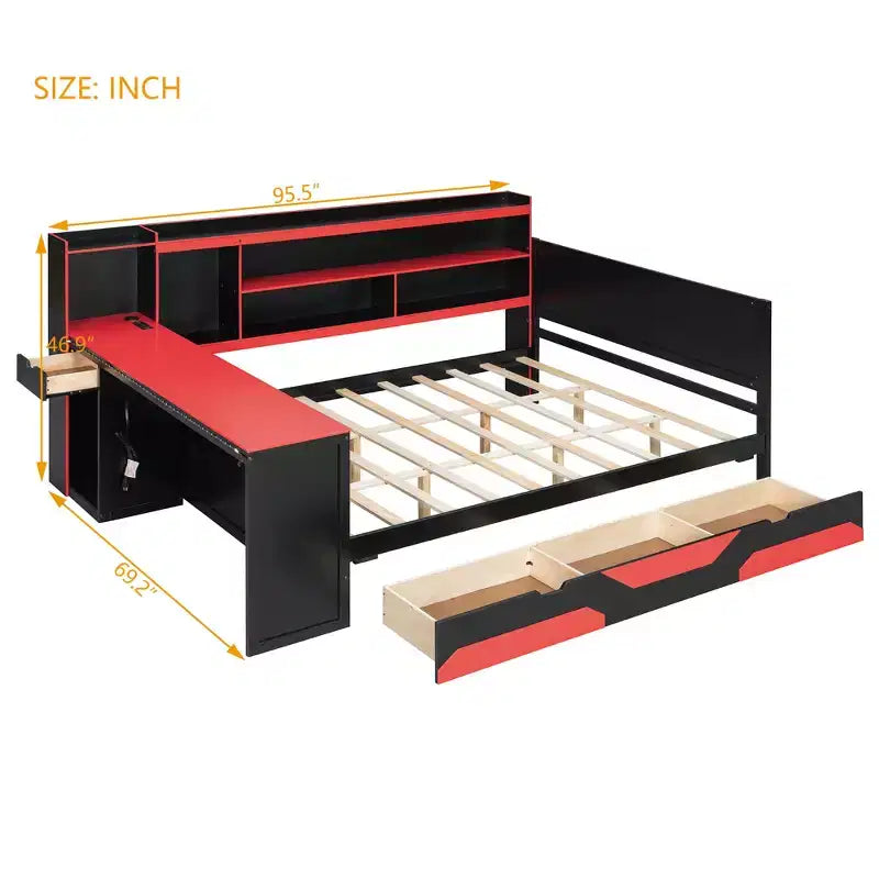 Gamer Hub Daybed με Γραφείο, Φώτα RGB, Σταθμό Φόρτισης, Συρτάρια Αποθήκευσης & Κεφαλάρι-Βιβλιοθήκη