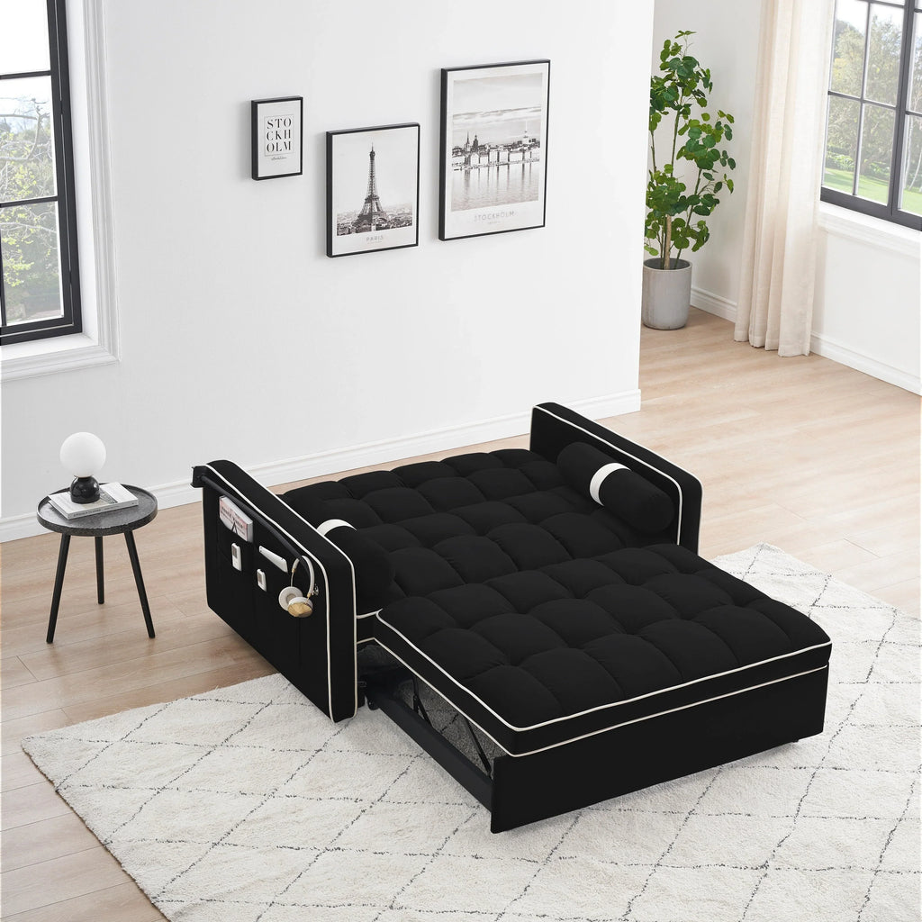 Velvet Convertible 55'' 2-Seater Sleeper Sofa with Pull-Out Bed, Adjustable Recline, Side Pockets, and Phone Holder