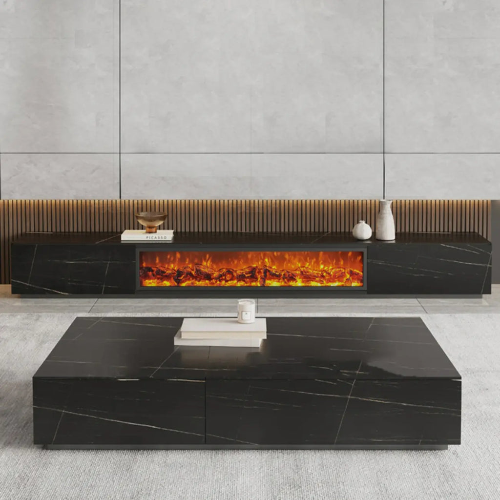 87 Rectangle Black Electric Fireplace Stone TV Stand with Light