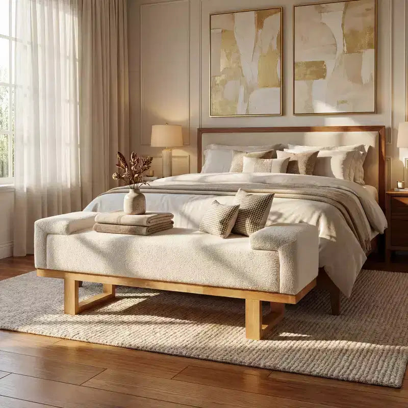 Μοντέρνο παγκάκι Christopher Knight Home Paulina από ξύλο καουτσουκόδεντρου με επένδυση μπουκλέ