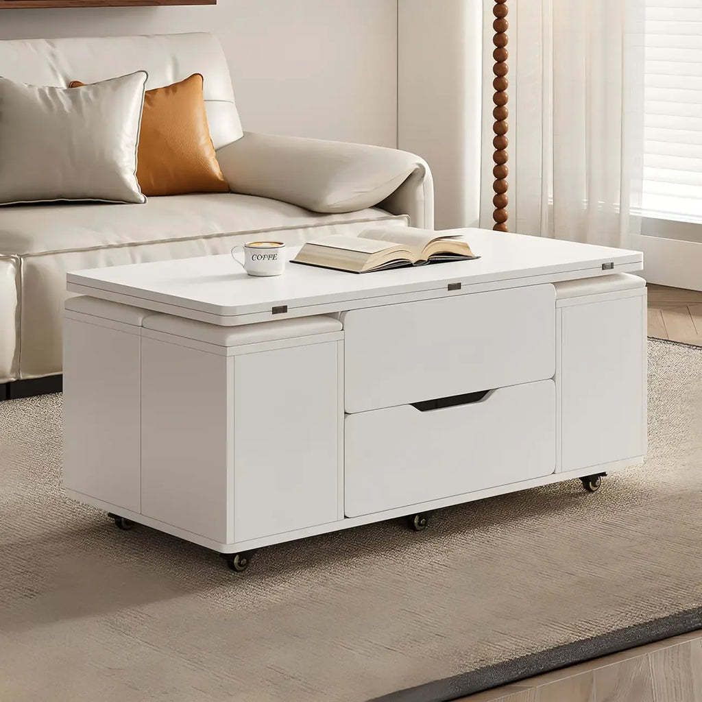 Πτυσσόμενο τραπεζάκι σαλονιού με ανυψούμενη επιφάνεια, 4 σκαμπό και αποθηκευτικό χώρο