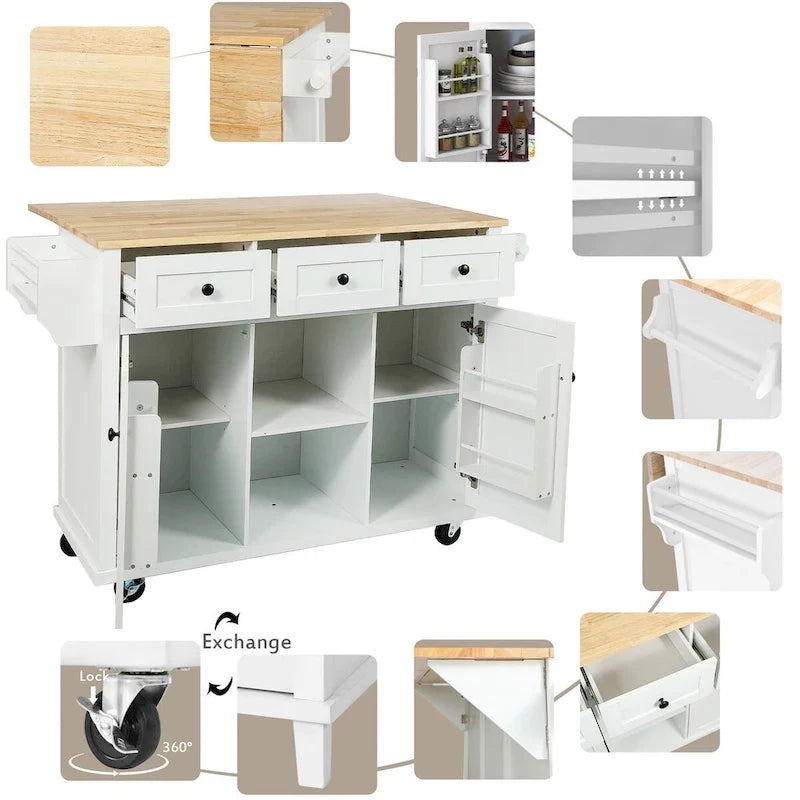 Kitchen Cart With Rubber Wood Drop-Leaf Countertop