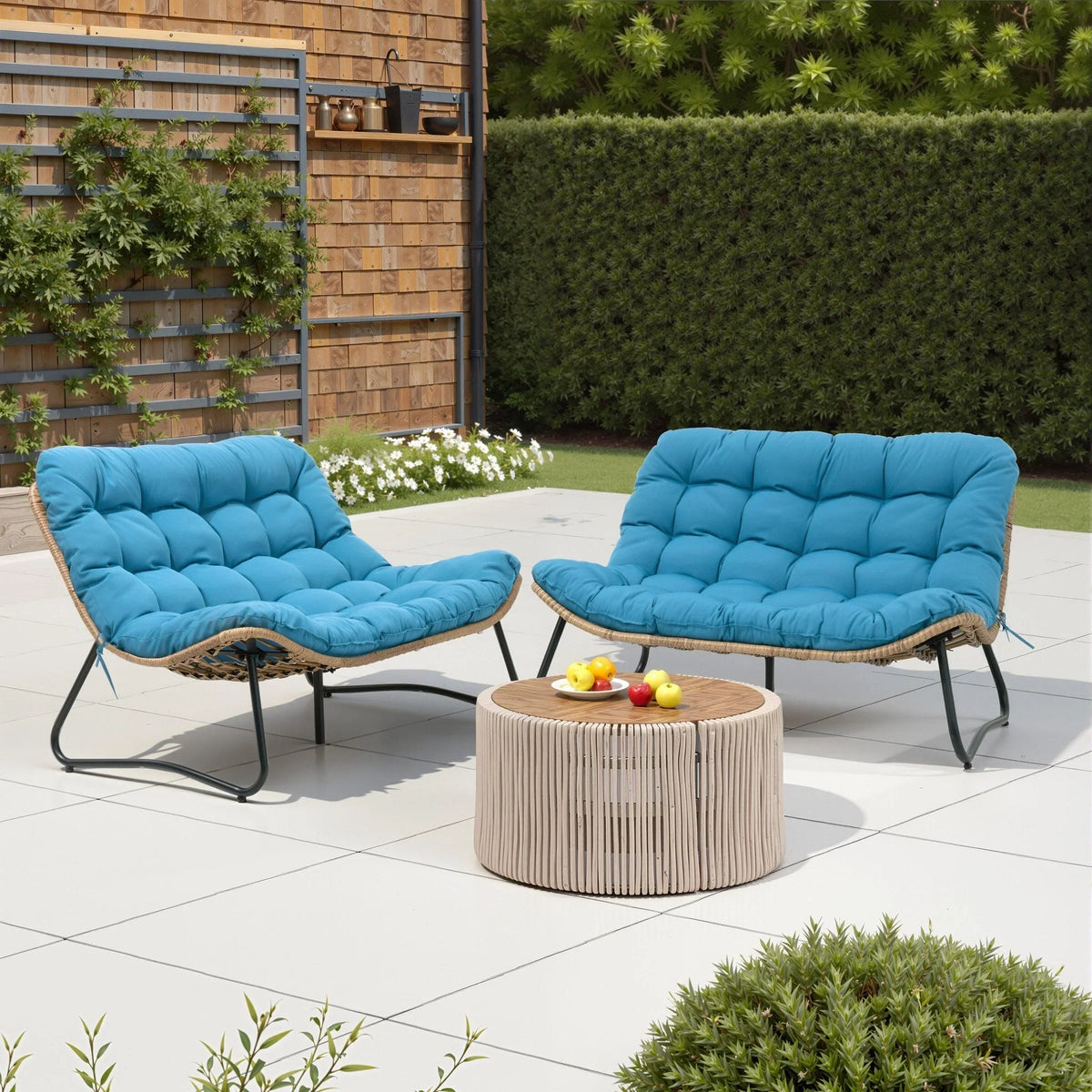 Διπλή πολυθρόνα Papasan Loveseat με μαξιλάρι, από ρατάν PE παντός καιρού και μεταλλικό σκελετό για εσωτερικούς και εξωτερικούς χώρους