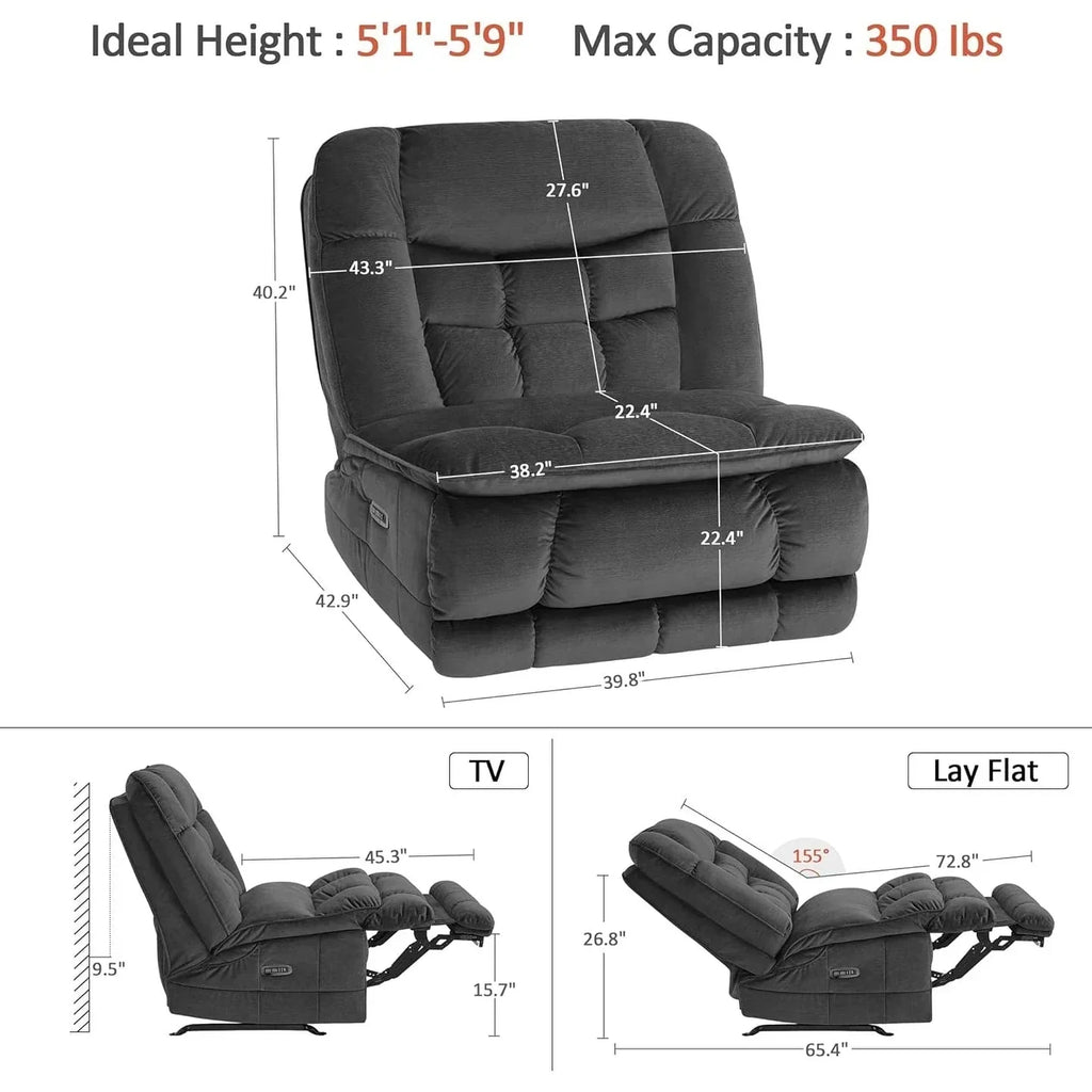 Πολυθρόνα relax MCombo υπερμεγέθης με διπλό μοτέρ χωρίς μπράτσα, ηλεκτρική πολυθρόνα λικνιζόμενη Zeroarms ιδανική για το σαλόνι, υφασμάτινη PR607