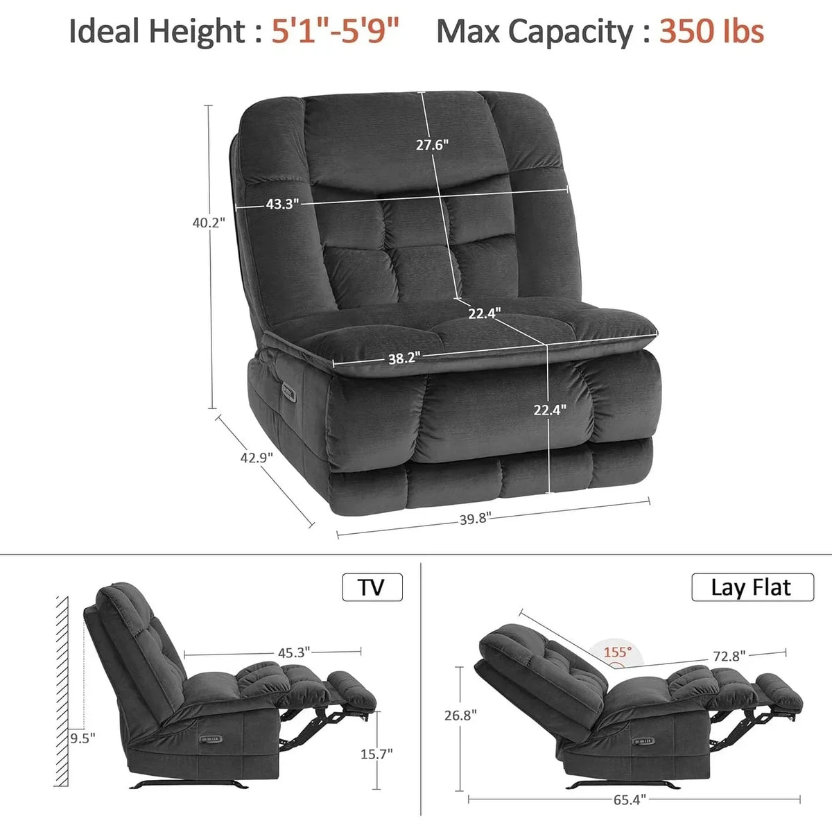 Πολυθρόνα relax MCombo υπερμεγέθης με διπλό μοτέρ χωρίς μπράτσα, ηλεκτρική πολυθρόνα λικνιζόμενη Zeroarms ιδανική για το σαλόνι, υφασμάτινη PR607