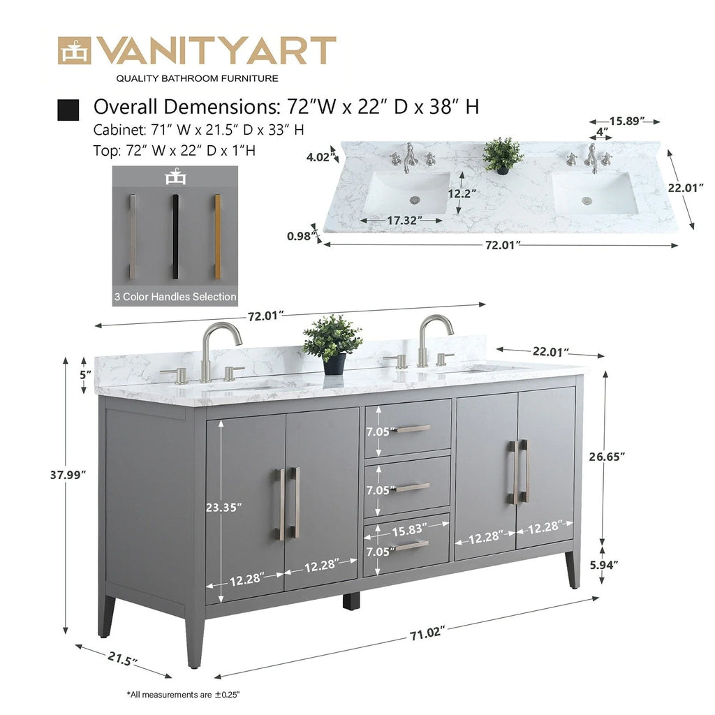 Έπιπλο μπάνιου Vanity Art 72" με διπλό νιπτήρα και πάγκο από τεχνητό μάρμαρο