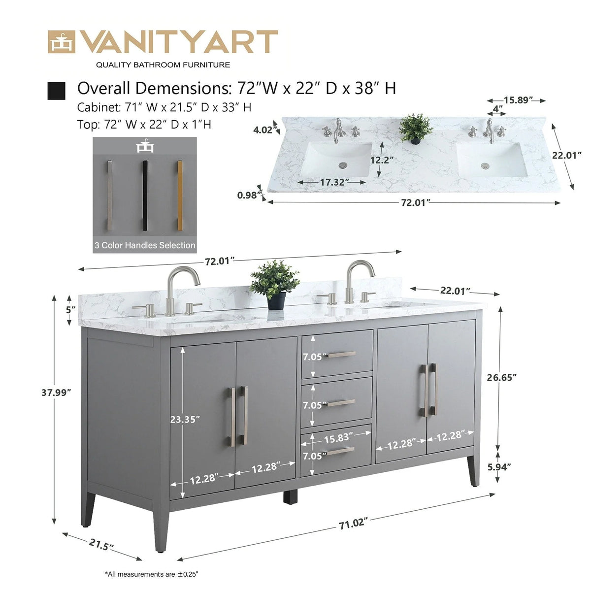 Έπιπλο μπάνιου Vanity Art 72" με διπλό νιπτήρα και πάγκο από τεχνητό μάρμαρο