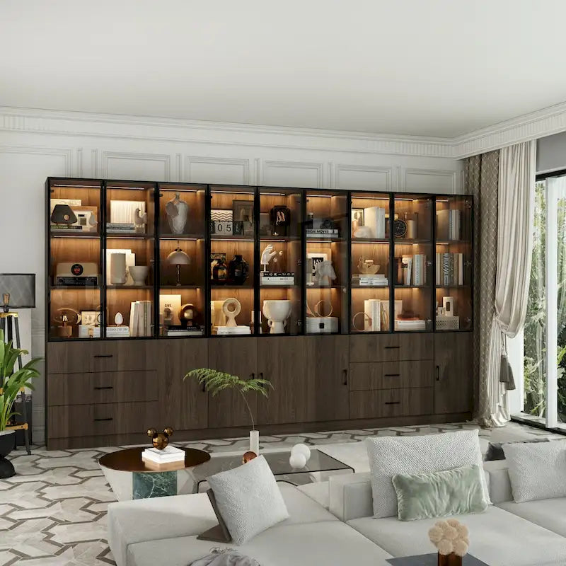 Aluminum and Glass Lighted Cabinet Customizable for Buffet/Bookshelf