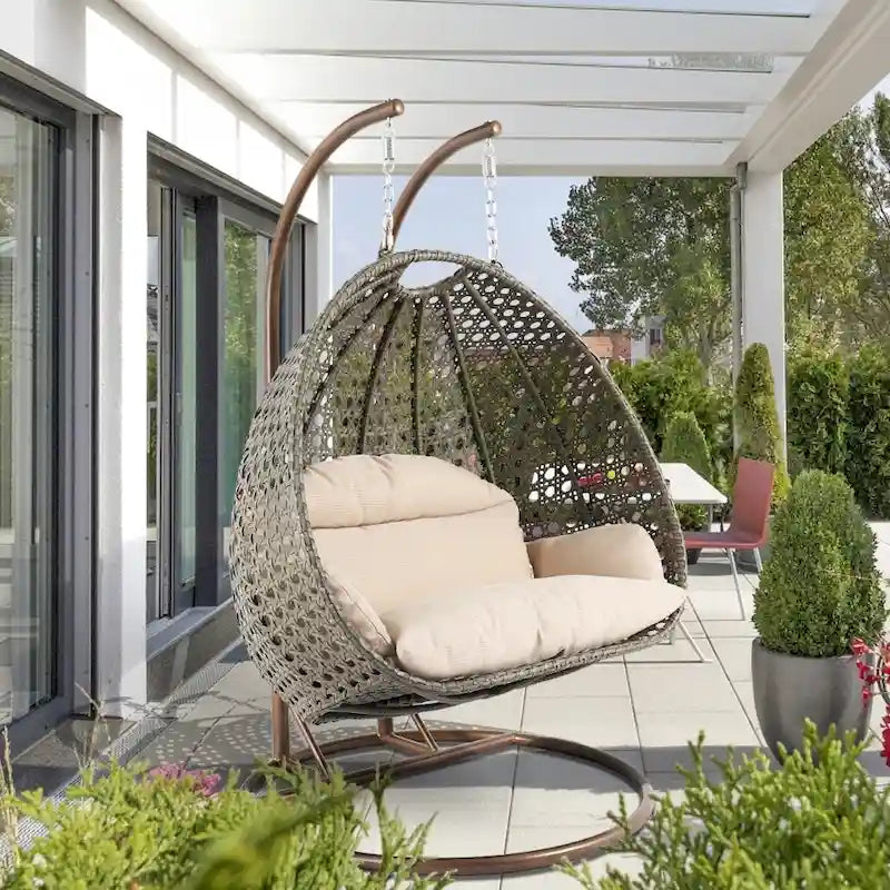 Κρεμαστή πολυθρόνα-αυγό LeisureMod για 2 άτομα με βάση - Κούνια-αιώρα από ρατάν για εξωτερικό/εσωτερικό χώρο, βεράντα, με μαξιλάρια
