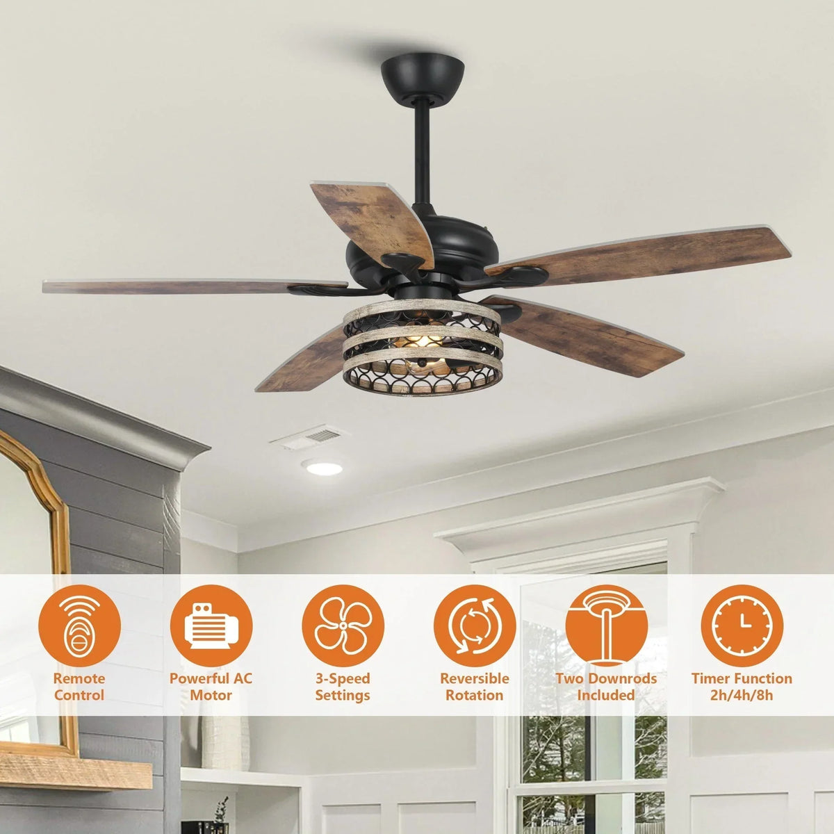 52 Farmhouse Driftwood 5-Blade Black Caged Ceiling Fan with Remote