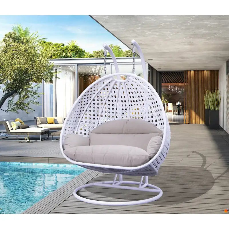 Κρεμαστή πολυθρόνα-αυγό LeisureMod για 2 άτομα με βάση - Κούνια-αιώρα από ρατάν για εξωτερικό/εσωτερικό χώρο, βεράντα, με μαξιλάρια
