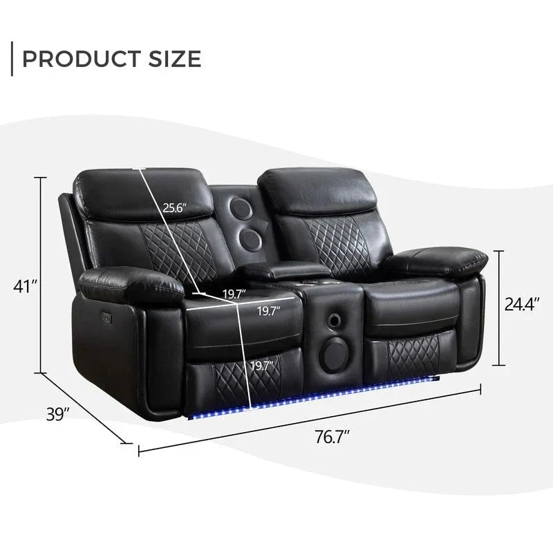 Power Reclining Sofa with Wireless Charger,Reading Light,LED Light for Living Room,Faux Leather,AC/USB Port,Cup Holder,Black