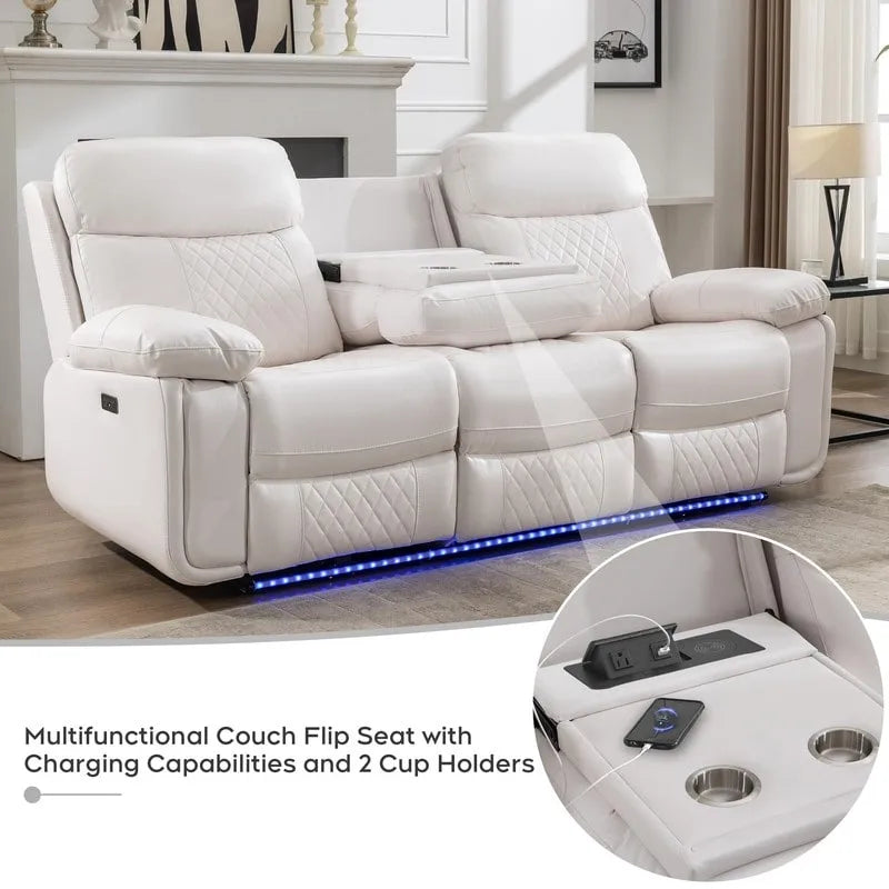 Power Reclining Sofa with Wireless Charger,Reading Light,LED Light for Living Room,Faux Leather,AC/USB Port,Cup Holder,Black