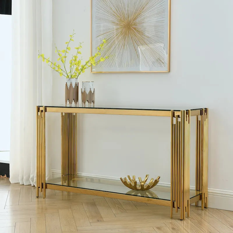 Narrow 2-tier Console Table with Gold Finished Metal Frame and Tempered Glass Top