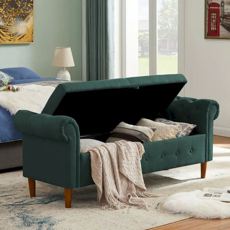 Storage Bench for Bedroom End of Bed Rolled Armed Velvet Ottoman Couch Long Bench