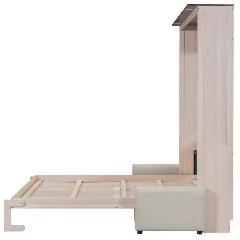 Επικλινές κρεβάτι Queen Size με καναπέ, ξύλινο ντουλάπι-κρεβάτι Queen με φωτισμό LED, πτυσσόμενο κρεβάτι τοίχου για ξενώνα, μπεζ