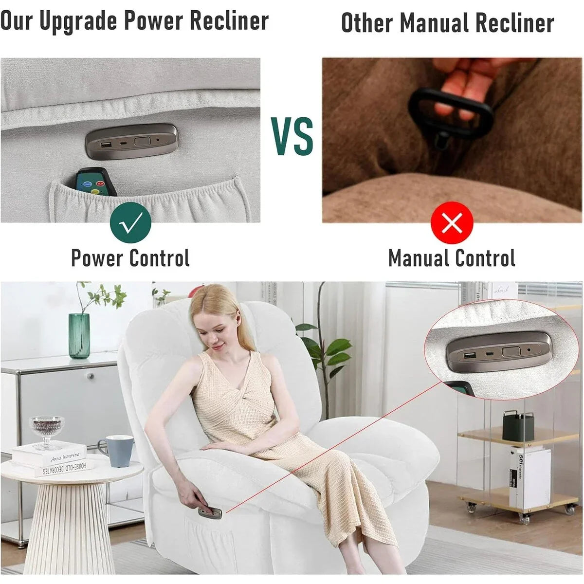 XINMICS Swivel Power Recliner Chair, Massage Rocker Recliners with Heated ,USB, USB-C and Side Pocket