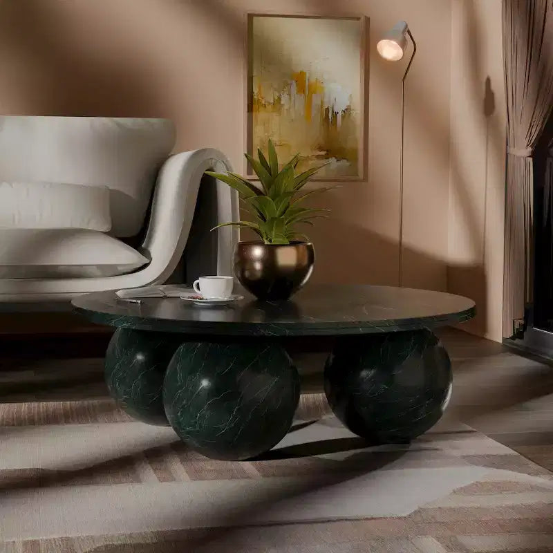 Round Marble Coffee Table with Sphere Legs, Multicolor, Seats 4â€?