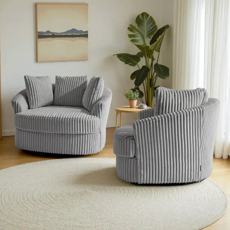 Σετ 2 Πολυθρόνων τύπου Barrel με περιστρεφόμενη βάση, από βελούδινο κοτλέ ύφασμα, Oversized, 43 ιντσών, με μαξιλάρια