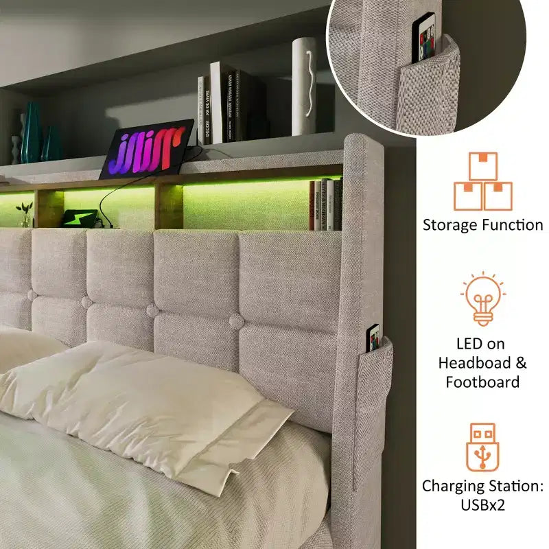 Κρεβάτι Queen Size με υδραυλικό αποθηκευτικό χώρο, LED, USB, επενδυμένο κεφαλάρι, χωρίς ανάγκη για σομιέ, εύκολη συναρμολόγηση