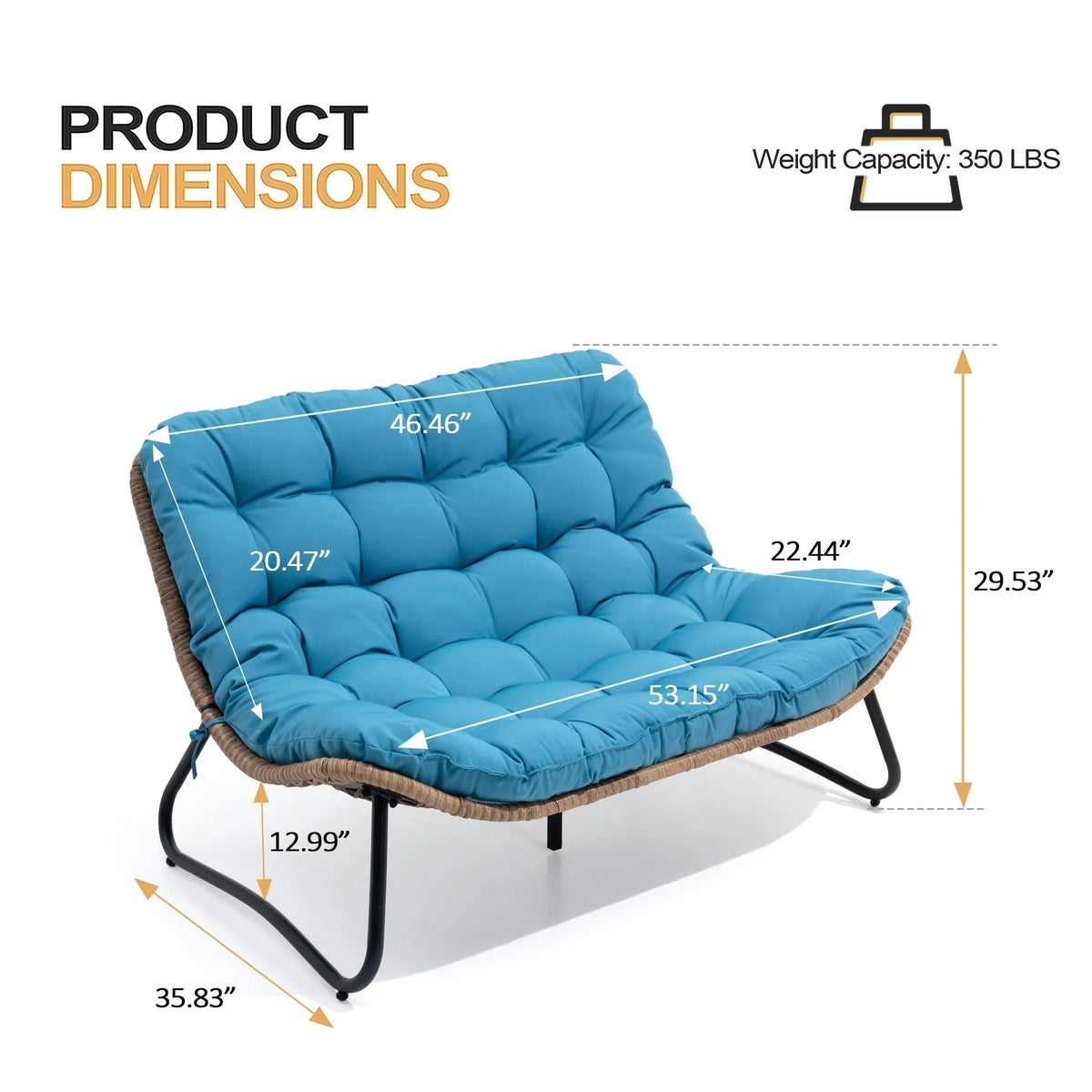 Διπλή πολυθρόνα Papasan Loveseat με μαξιλάρι, από ρατάν PE παντός καιρού και μεταλλικό σκελετό για εσωτερικούς και εξωτερικούς χώρους