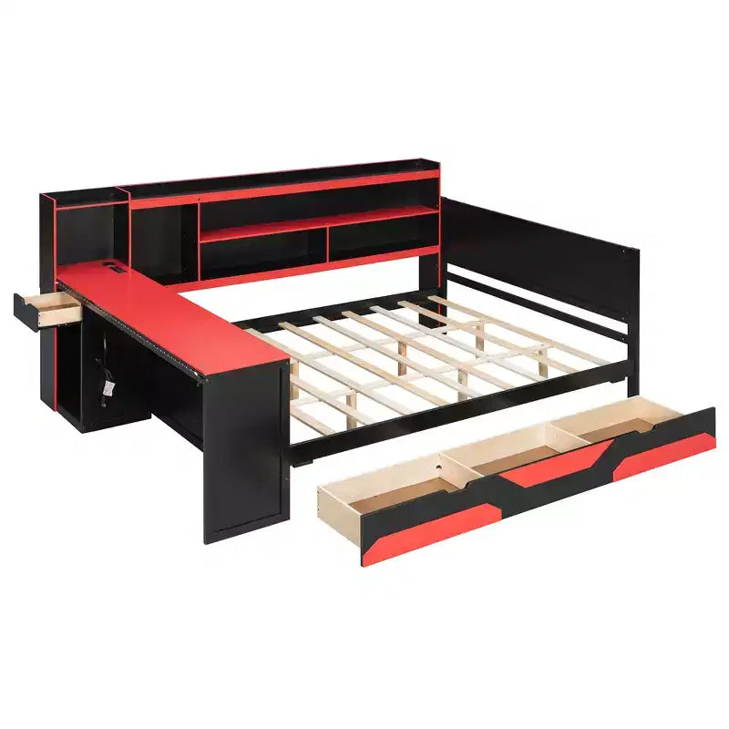 Gamer Hub Daybed με Γραφείο, Φώτα RGB, Σταθμό Φόρτισης, Συρτάρια Αποθήκευσης & Κεφαλάρι-Βιβλιοθήκη