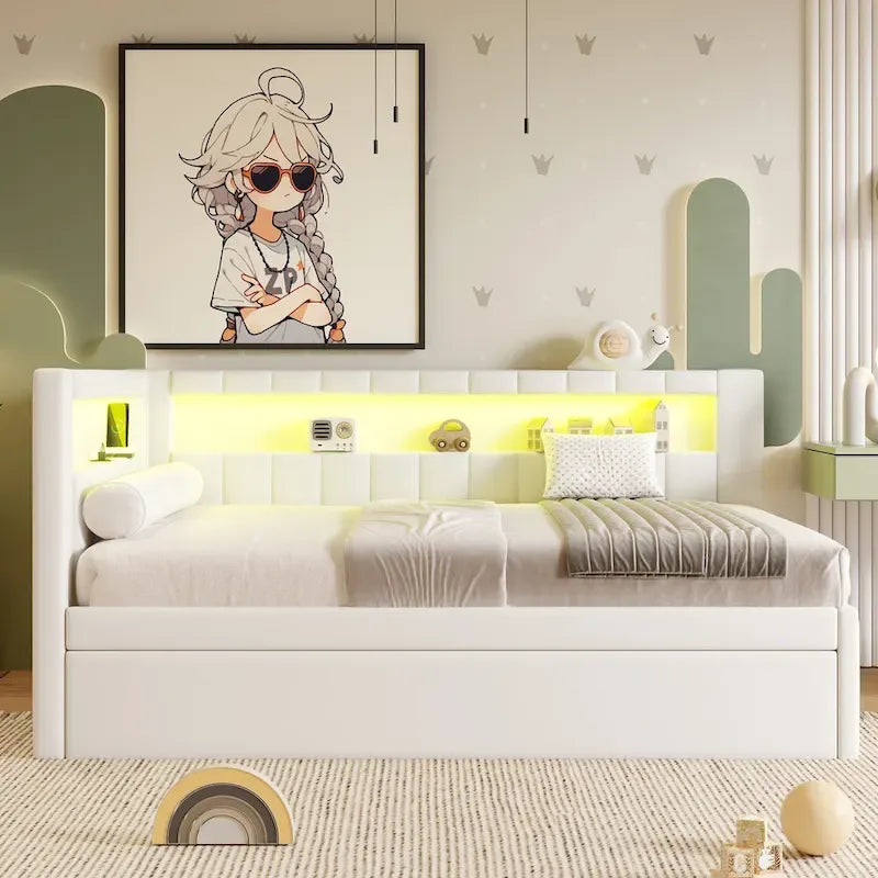 Upholstered Platform Bed with USB Ports & LED Lighting - Full/Twin Size Bed Frame with 2 Storage Drawers - Modern Bedroom