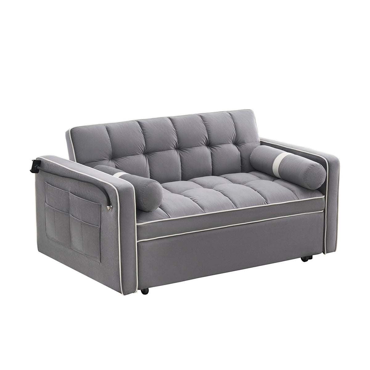 Velvet Convertible 55'' 2-Seater Sleeper Sofa with Pull-Out Bed, Adjustable Recline, Side Pockets, and Phone Holder