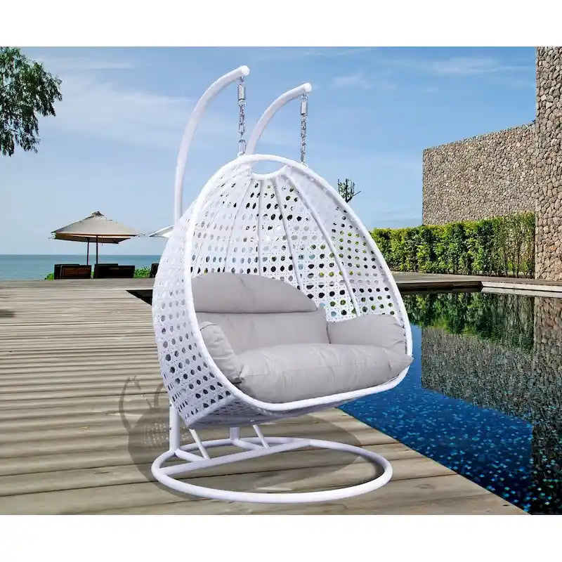Κρεμαστή πολυθρόνα-αυγό LeisureMod για 2 άτομα με βάση - Κούνια-αιώρα από ρατάν για εξωτερικό/εσωτερικό χώρο, βεράντα, με μαξιλάρια