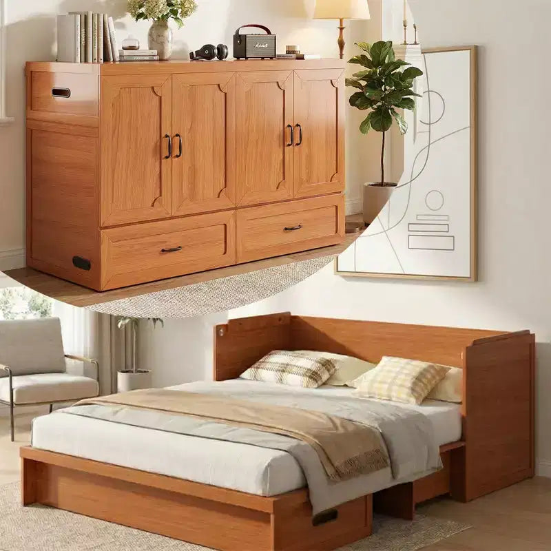 Mjkone Queen Size Μετατρεπόμενο κρεβάτι Murphy σε ερμάριο με θύρα φόρτισης USB, συρτάρια αποθήκευσης, δεν περιλαμβάνεται στρώμα