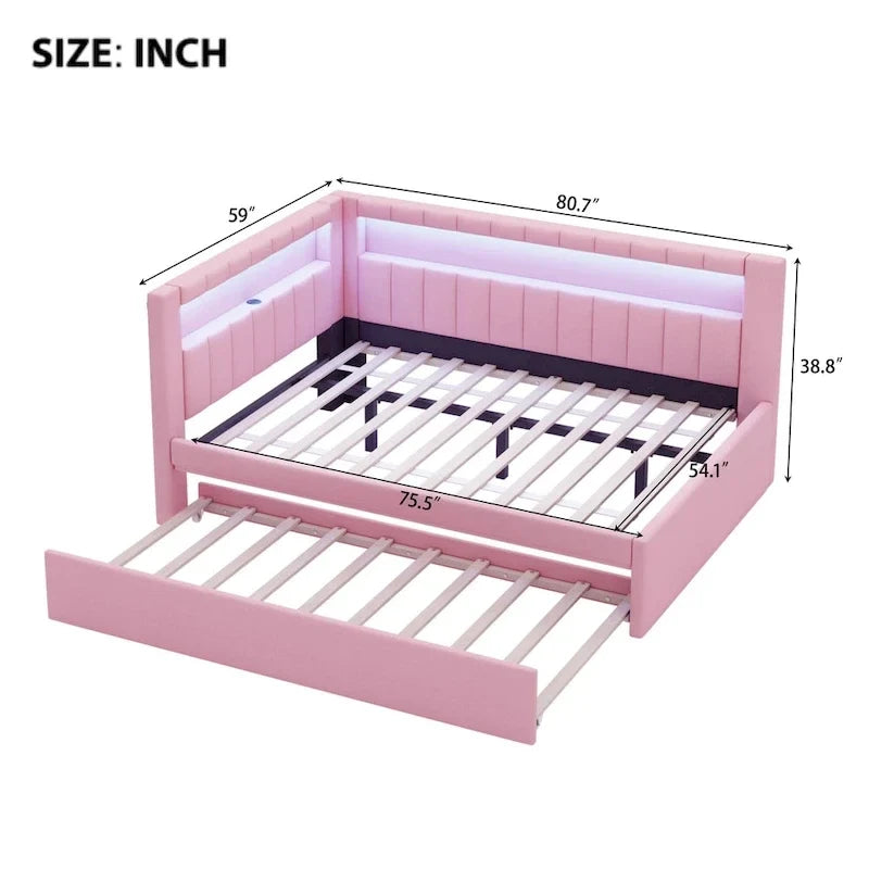 Upholstered Platform Bed with USB Ports & LED Lighting - Full/Twin Size Bed Frame with 2 Storage Drawers - Modern Bedroom