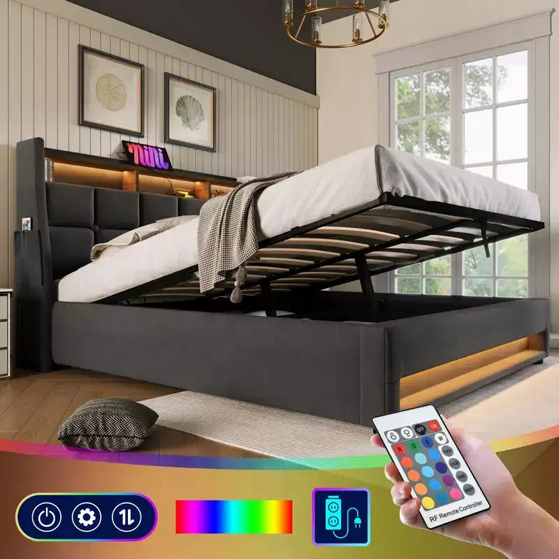 Κρεβάτι Queen Size με υδραυλικό αποθηκευτικό χώρο, LED, USB, επενδυμένο κεφαλάρι, χωρίς ανάγκη για σομιέ, εύκολη συναρμολόγηση