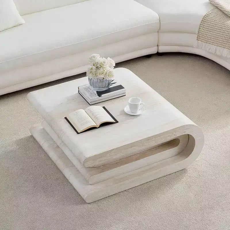 Τραπεζάκι σαλονιού GDFStudio Laurine Modern με στρώσεις σε μοτίβο τραβερτίνη