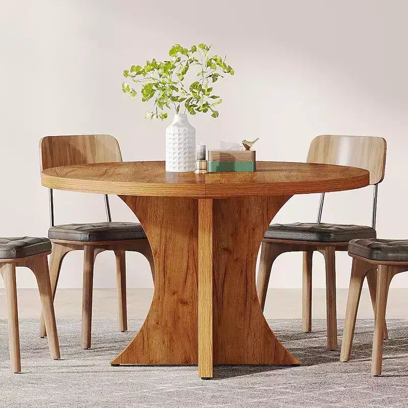 Στρογγυλή τραπεζαρία Lantine 119,99 εκ. για 4-6 άτομα, αγροτικού τύπου τραπέζι κουζίνας με βάση κολώνα, μικρό τραπέζι φαγητού για τραπεζαρία, σαλόνι, καφέ