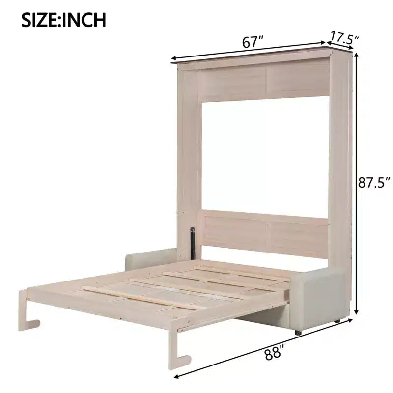 Επικλινές κρεβάτι Queen Size με καναπέ, ξύλινο ντουλάπι-κρεβάτι Queen με φωτισμό LED, πτυσσόμενο κρεβάτι τοίχου για ξενώνα, μπεζ