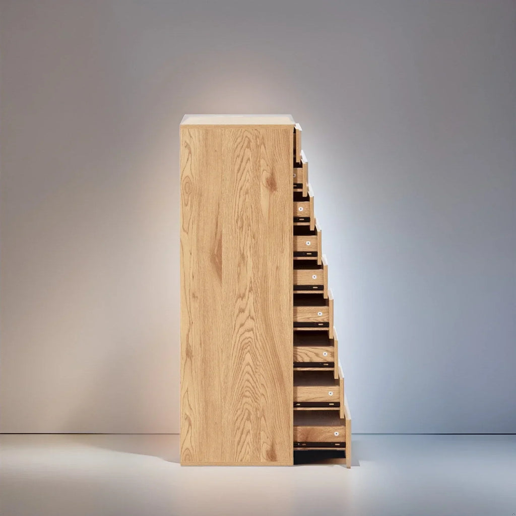 Narrow Wooden 9-Drawer Cabinet with Smooth-Glide Drawers and Top Storage Shelf